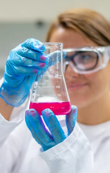 Student holding a beaker of pink liquid close to the camera, wearing gloves and safety goggles. Student holding a beaker of pink liquid close to the camera, wearing gloves and safety goggles.